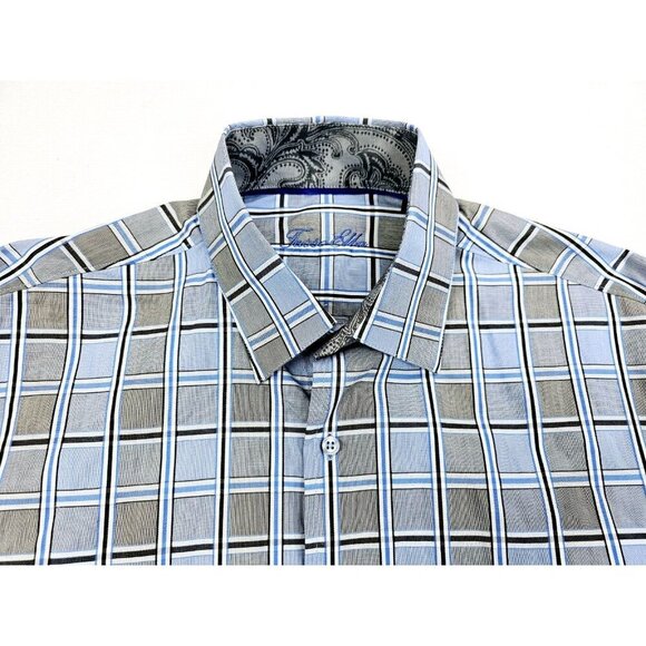 Tasso Elba Size Large 16-16.5 Men's Blue White Black Gray Check Cotton Shirt NWT - Picture 11 of 11